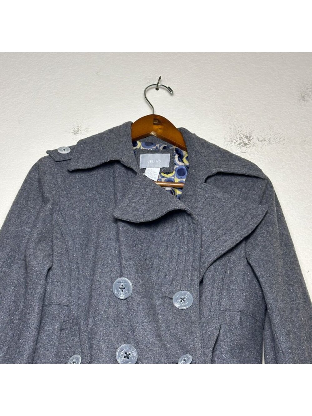 Delia Coat Jacket Women L Wool Blend Grey Polka Dot Lining Double Breasted Warn